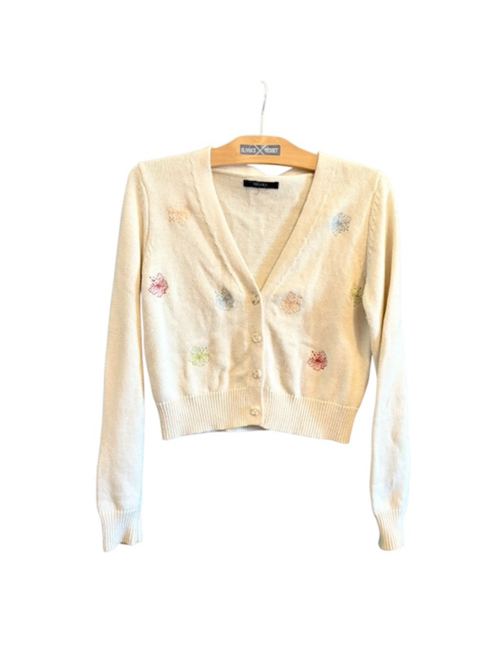 Forever 21 Cream Cropped V-Neck Cardigan with Multicolor Floral Embroidery